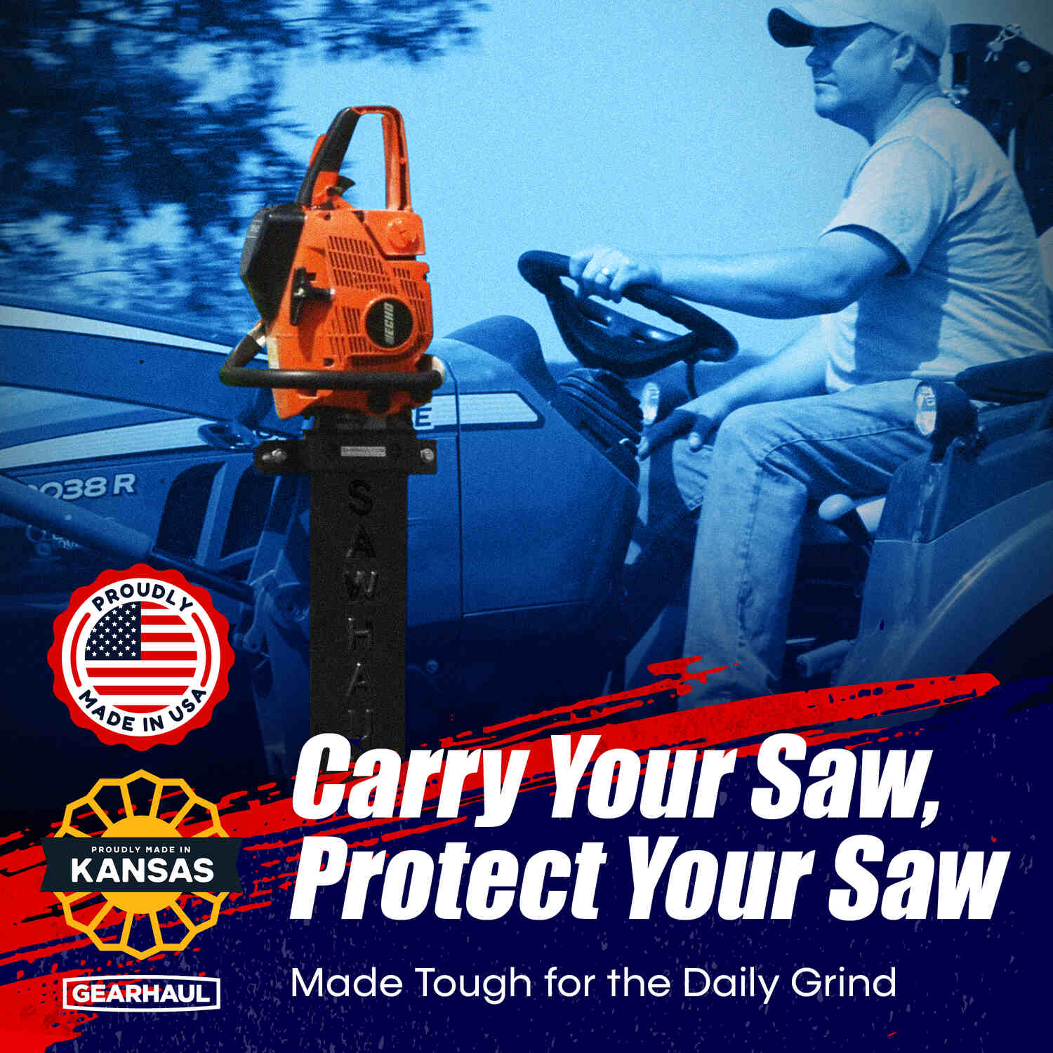 SawHaul Universal Chainsaw Carrier FIXED MOUNT for TRACTOR LOADER ARMS GearHaul