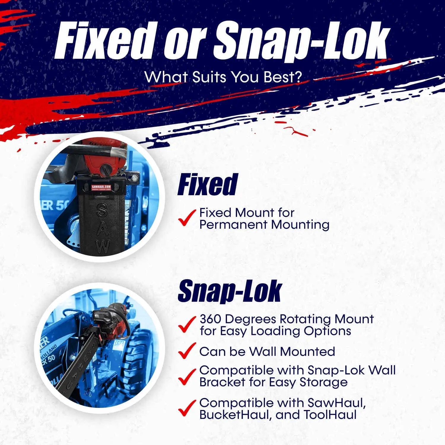 SawHaul Universal Chainsaw Carrier FIXED MOUNT for TRACTOR LOADER ARMS GearHaul